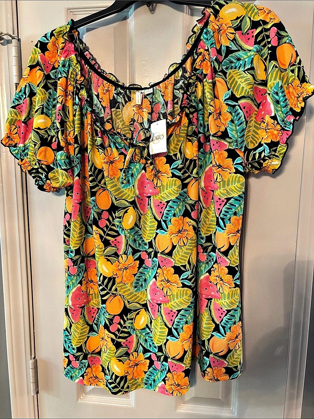 Cato Tropical Floral & Fruit Blouse NWT